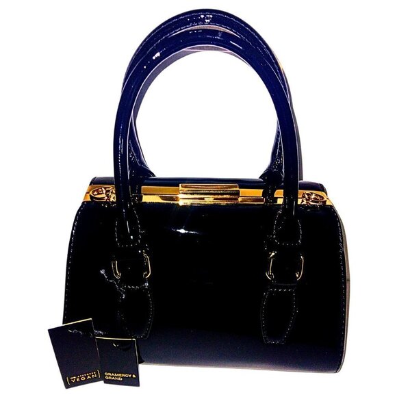 GRAMERCY & GRAND BLACK AND GOLD  VEGAN LEATHER SATCHEL HANDBAG PURSE - NWT - Picture 1 of 7